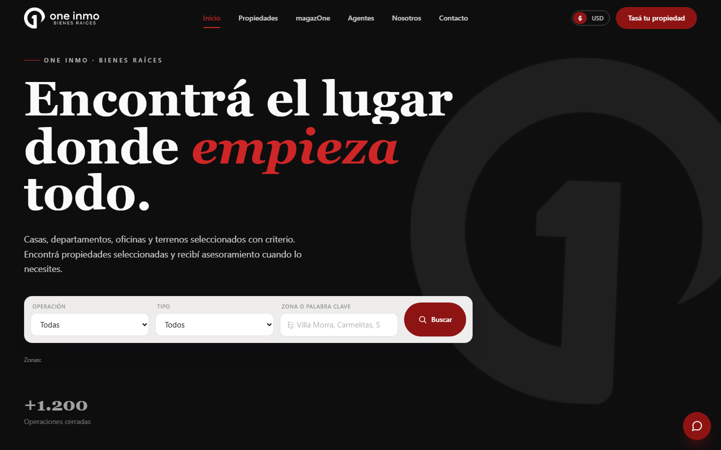 Inicio actual del portal público ONE Inmo con buscador inmobiliario