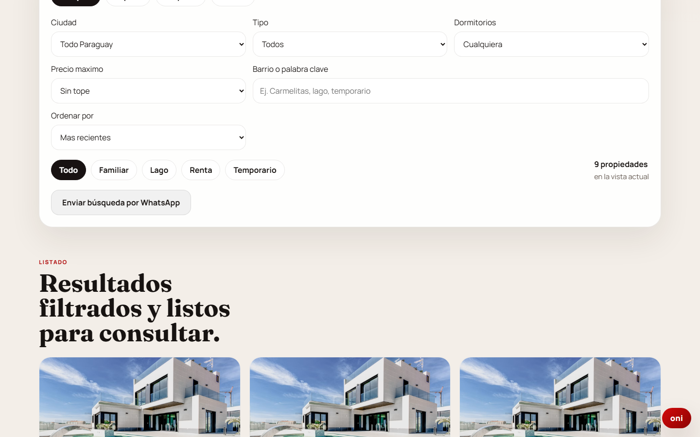 Portal inmobiliario ONE Inmo en producción sincronizado con Skyline CRM